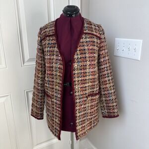 ETT:TWA Harlequin Tweed Blazer Burgundy Dark Academia Lined Pockets Embroidered